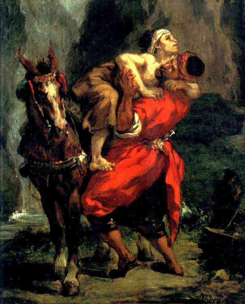 Painting of The Good Samaritan--passerby lifting a wounded robbery victim on his donkey
