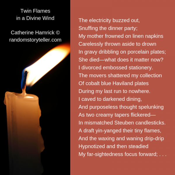 Twin Flames in a Divine Wind poem excerpt by chamrickwriter randomstoryteller.com with image of candle and flame